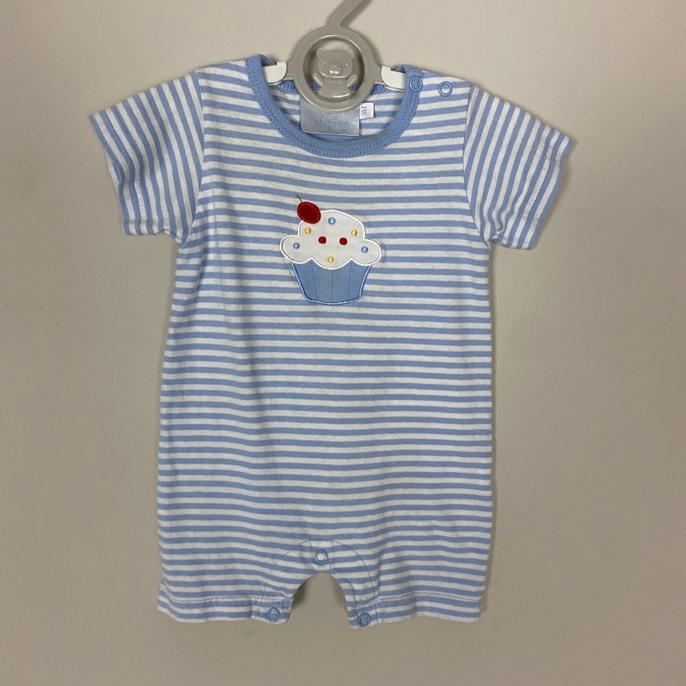 Little English Cupcake Romper Baby 9M Blue Striped Cotton Short Sleeve